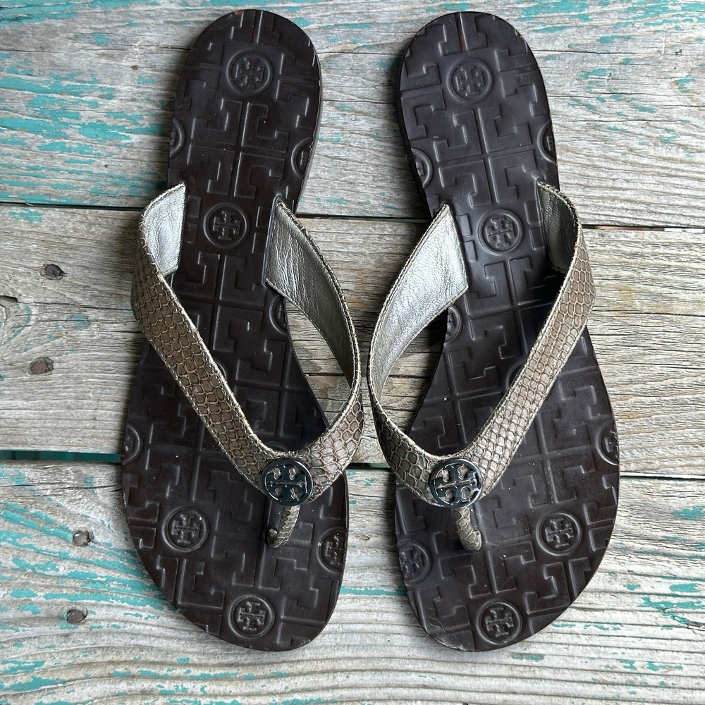 Tory Burch Thora Sandals Women's 8M Taupe Metallic Snake Print Logo Medallion